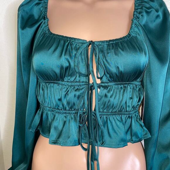 Mixed Threads blouse top Long Sleeve Textured Satin Emarald green puff sleeve SM - Picture 8 of 11
